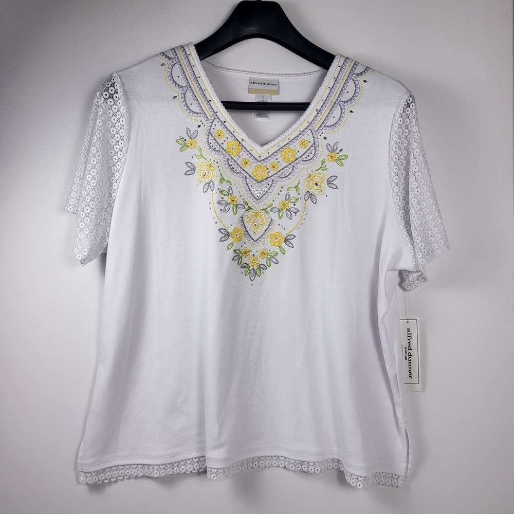 Alfred Dunner White Top Yellow/Silver Embroidery & Beaded Lace Sleeve Womens 3XL